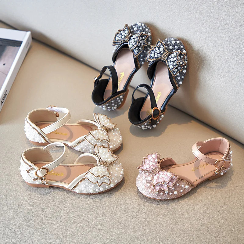 girl sandals cute bow pearl sequins childrens princess shoes flat shoes childrens dance sizes 21-36 250424