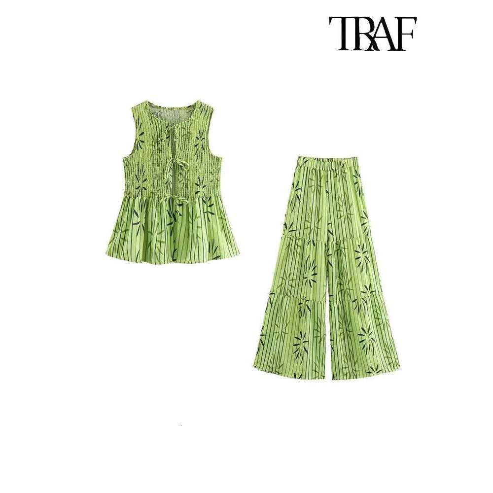 TRAF Women Fashion Pleated Printed Casual Sexy Sleeveless Ruffle Decorative Tie Top + Spliced Wide Leg Pants Two Piece Set