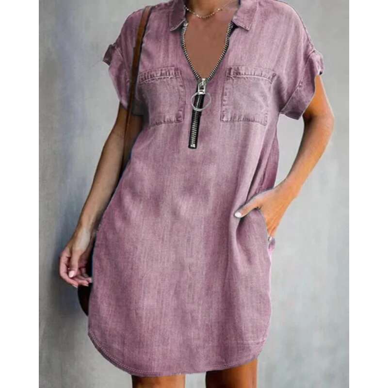 Dongdumaoyi New Loose Fit Denim Short Sleeve Turn Down Collar Fashion Shirt Dress For Women C