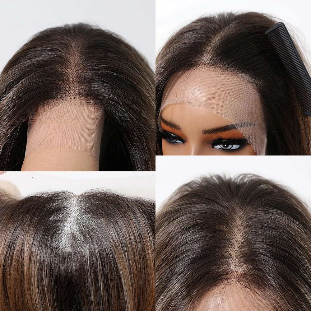 13*6 Transparent Lace Frontal Synthetic Long Straight Layered Hair Brown Blonde Highlight Wigs For Afro Women Brazilian Wig