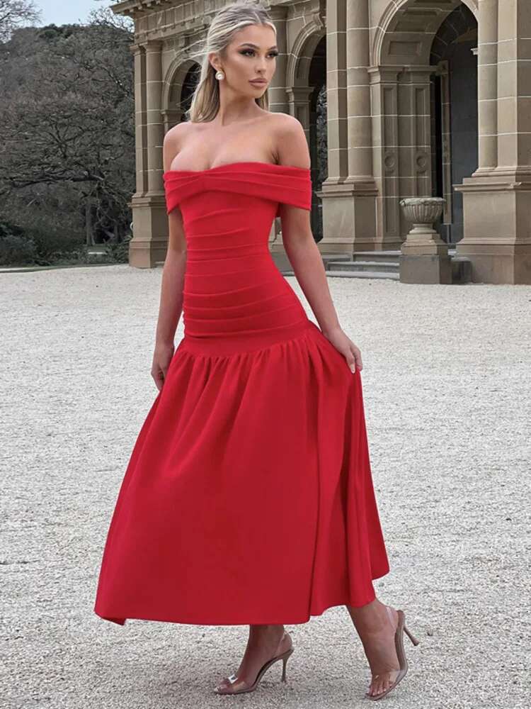 Dongdumaoyi Townlike Elegant Pleated A Line Dress Women Off Shoulder Maxi Long Summer Backless Nightclub Sexy Party Dresses