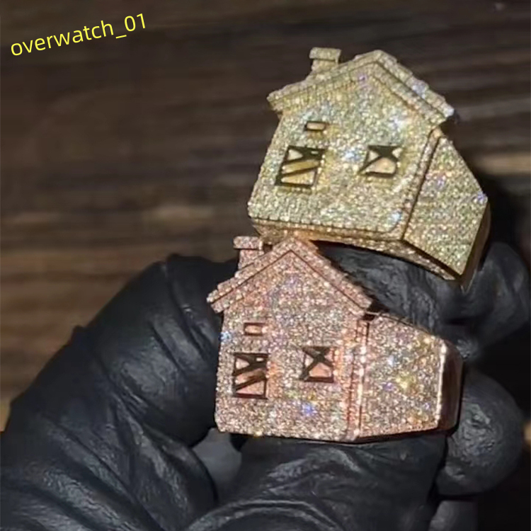Custom VVS Moissanite Cuban Ring Fine Jewelry S925 Sterling Silver Gold Plated Men Ring Trap House Moissanite Diamond Ring