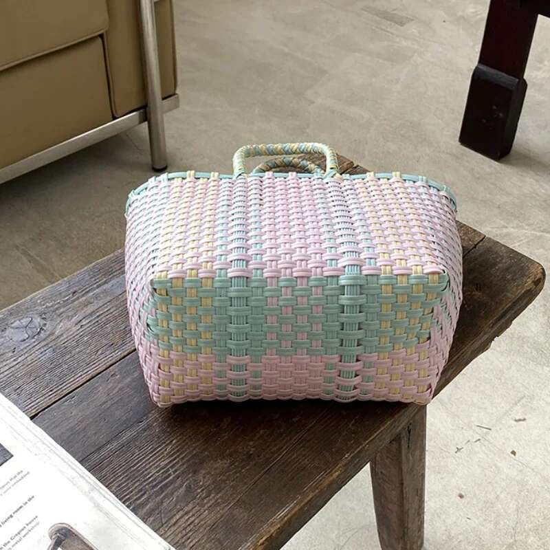 2024 New Vegetable Basket Summer Fashion PVC Handbag Hand Woven Bag Patchwork Striped Tote Beach Bags Purses And Handbags