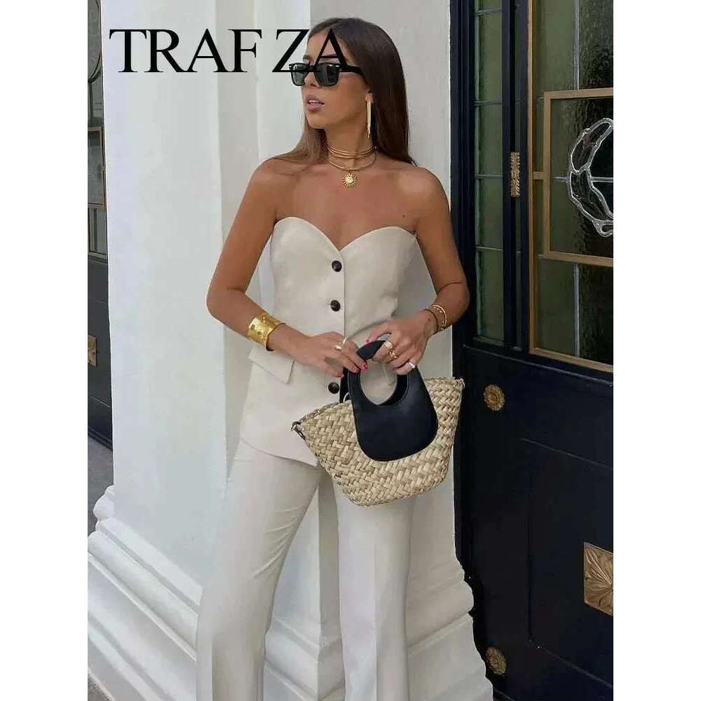 TRAFZA 2024 Women Fashion Solid Pant Suit Sleeveless Off Shoulder Tube Top+Side Slit Trouser Female Streetwear Office Sets