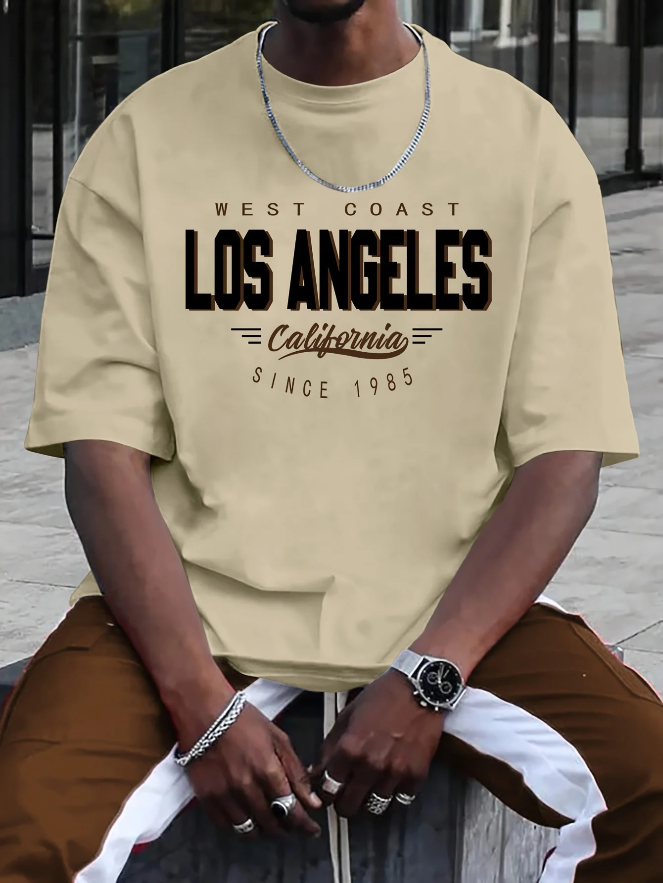 Summer mens 100 cotton comfortable casual loose plus size Los Angeles printed sports round neck short sleeved Tshirt top 250417