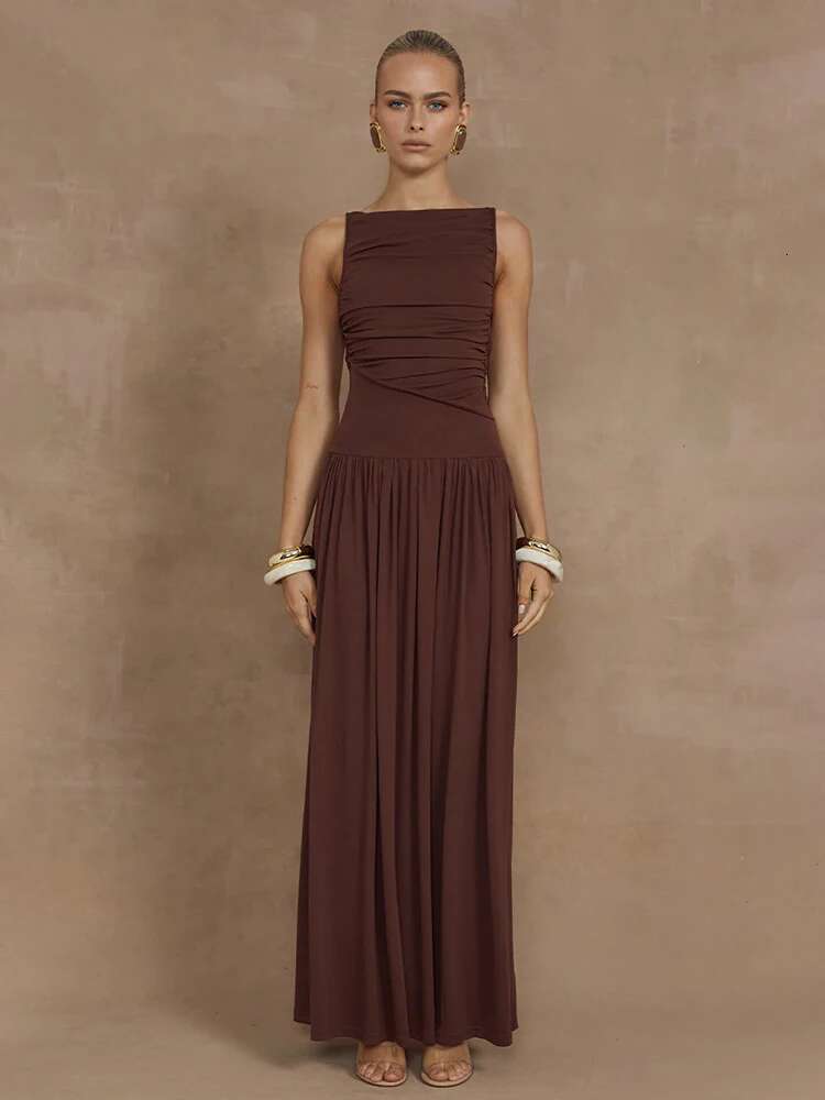 Dongdumaoyi Townlike Elegant Pleated A Line Dress Women Maxi Long Summer Nightclub Sexy Party Dresses Vestidos