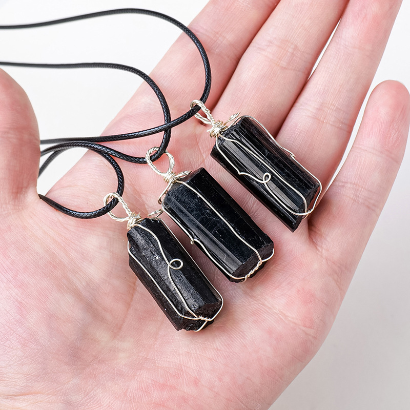 JLN Rough Black Tourmaline Wire Wrapped Pendant Raw Jet Stone With Wax Rope Chain Necklace Gift For Men Women