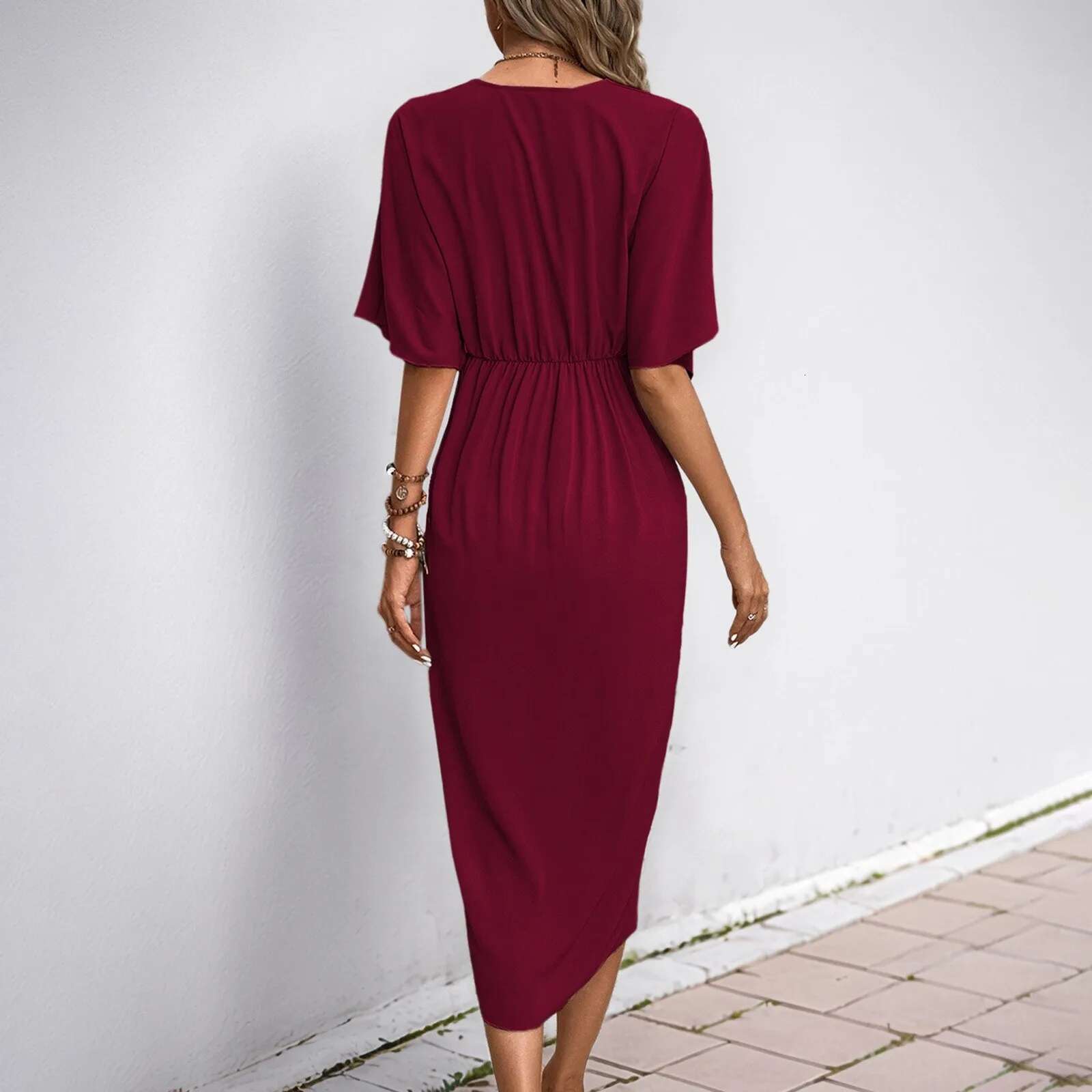 Dongdumaoyi Women Elegant Short Sleeve Midi Dress New Spring Summer Sexy Deep V Neck Draped High Waist Office Party Boho Long Dresses