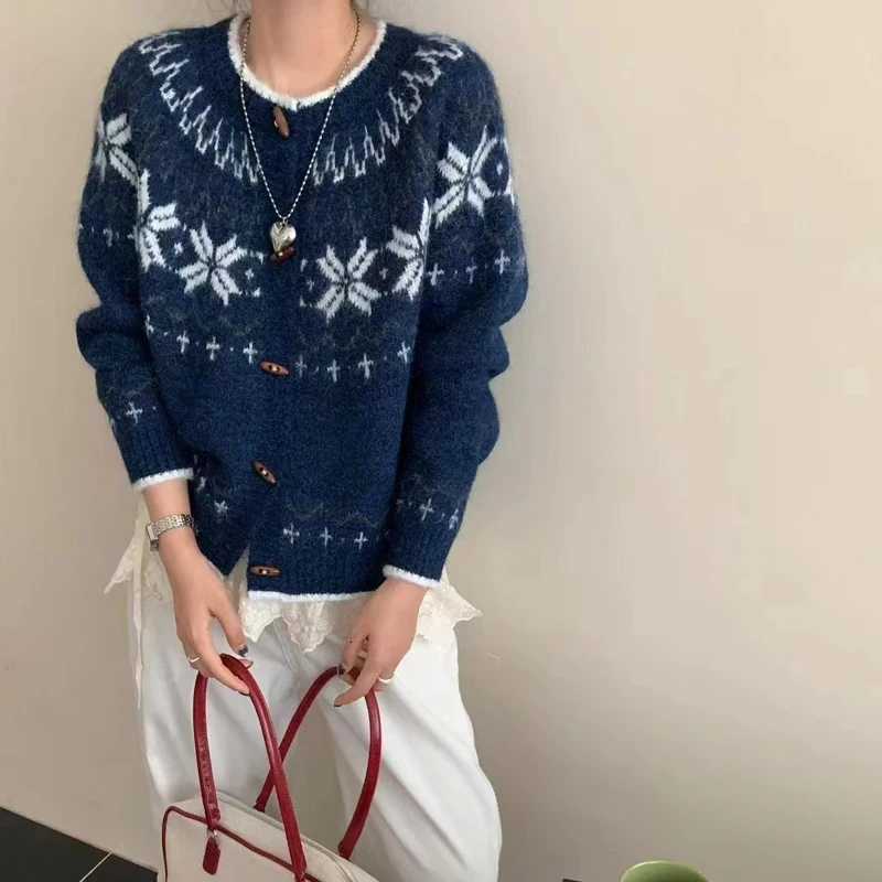 Autumn Winter O Neck Loose Jacquard Cardigan Sweater Elegant Fashion Long Sleeve Knitted Jackets Versatile Casual Clothes 12T251125