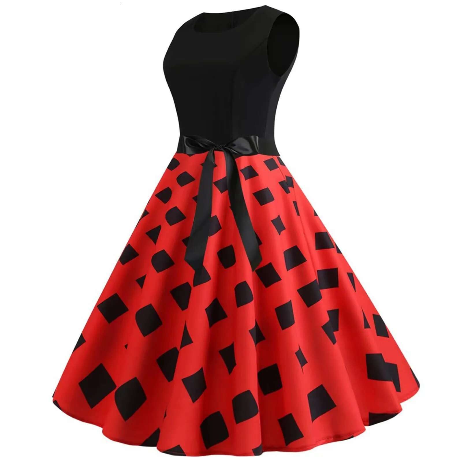 Dongdumaoyi Polka Dot Print Dresses Vintage Women Summer Dress Red Black Patchwork Sleeveless Elegant Party Casual Midi