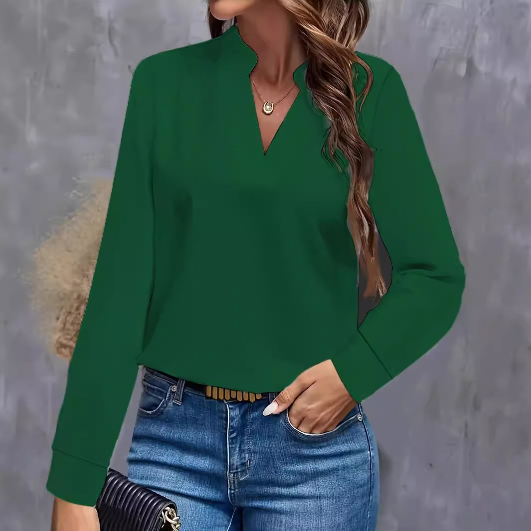 2024 autumn simple casual solid color V-neck loose shirt top for women
