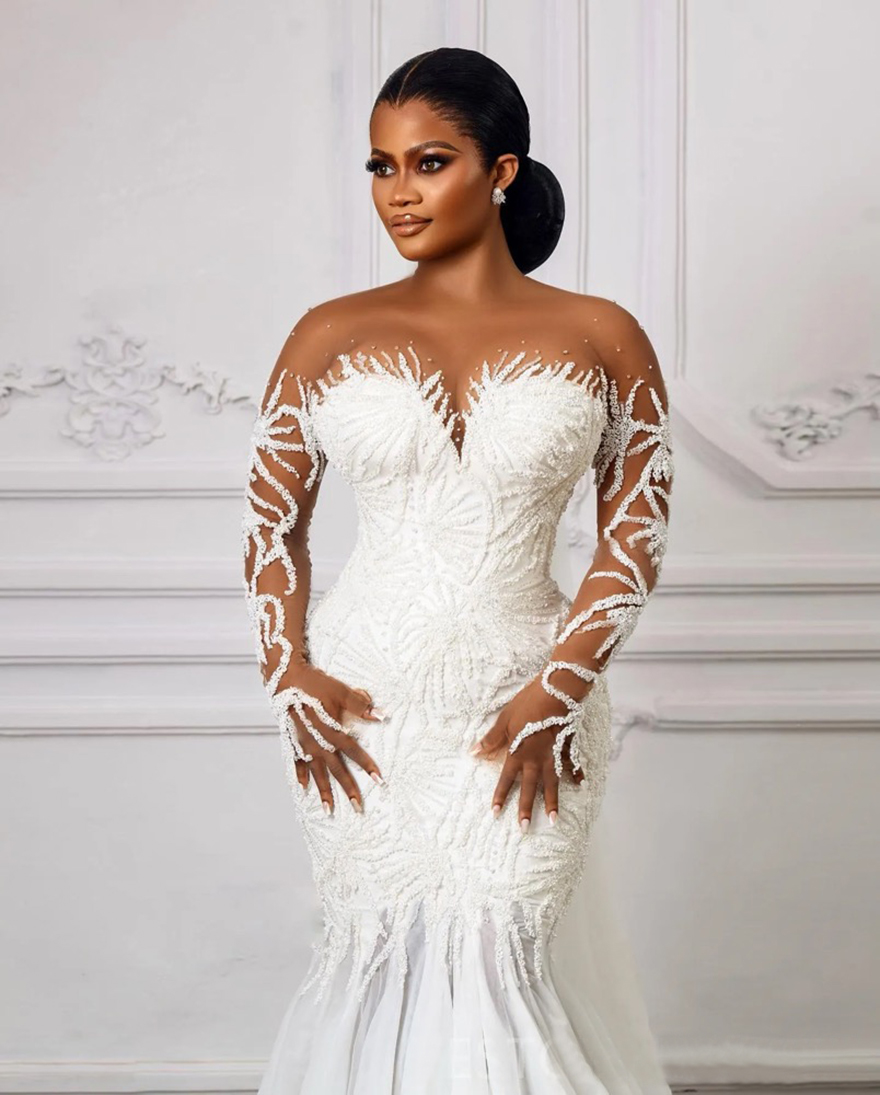 2025 Plus Size Wedding Dress Bridal Gowns For Bride Mermaid Sheer Neck Long Sleeves Appliqued Beaded Lace Tiered Tulle Beaded Lace Wedding Gowns For B