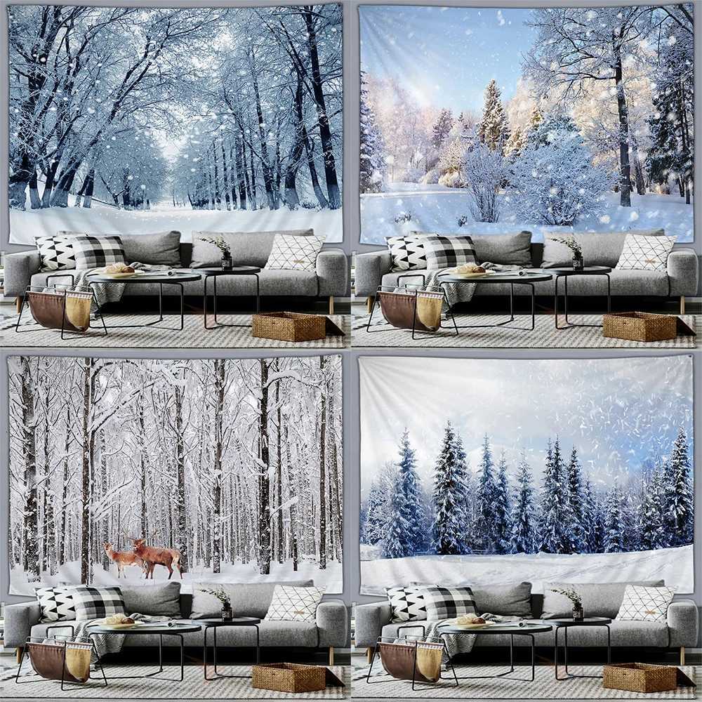 Winter forest snow scene tapestry wall hanging home bedroom living room mural decorative background clothM251125