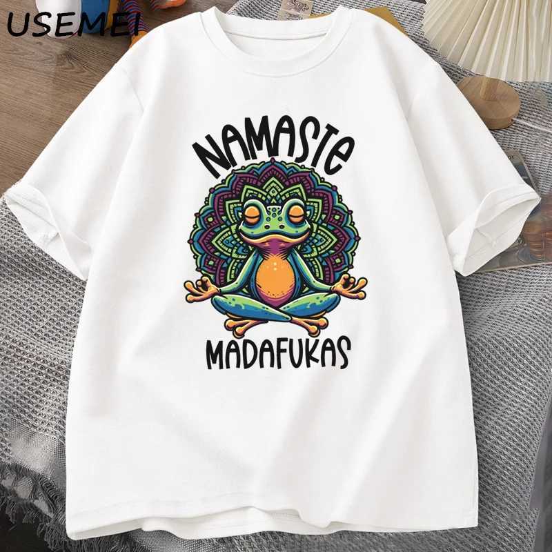 Interesting Yoga T-shirt Frog Self Care T-shirt Cotton Short Sleeve Front Cottagecore Namaste Tee Mens Street Clothing W250425