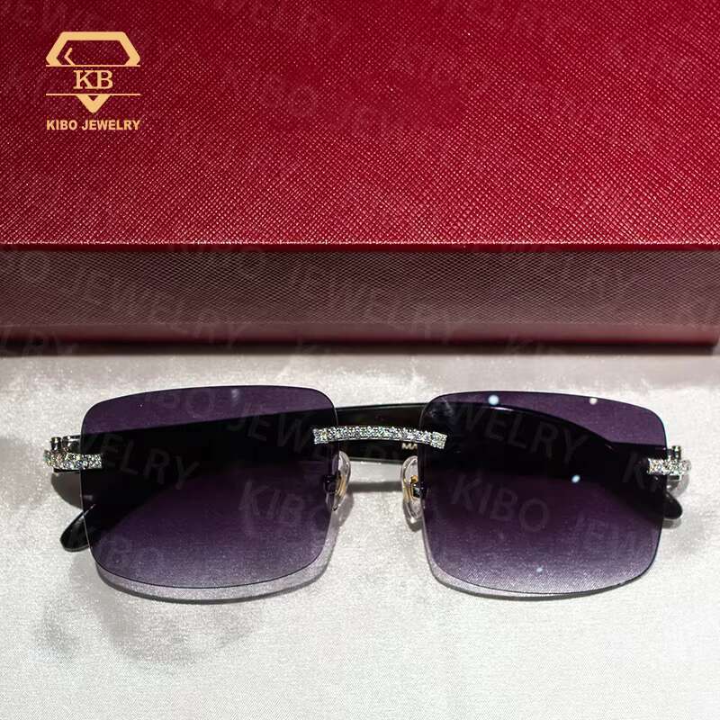 Iced Out Hip Hop Glasses Black Buffalo Horn Rimless VVS Moissanite Sunglasses for Men