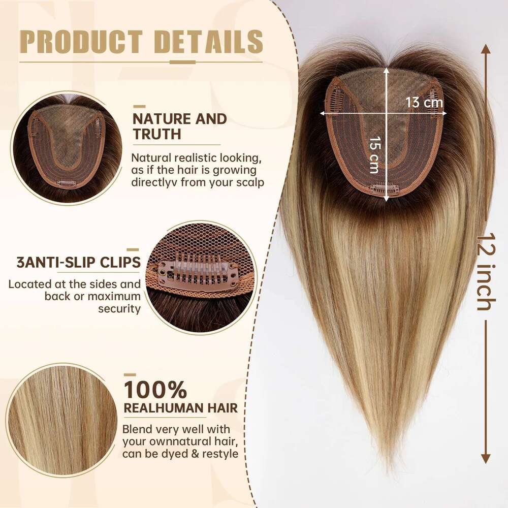 Blonde Gray Brown For Women 100% Remy Human Hairpieces Silk Base Clips In Hair Straight 12Inches Toppers