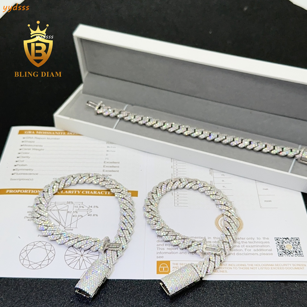 2 Row 10mm Hip Hop Cuban Llink Moissanite Sterling Silver 925 Cuban Link Chain Bracelet Pass Diamond Tester