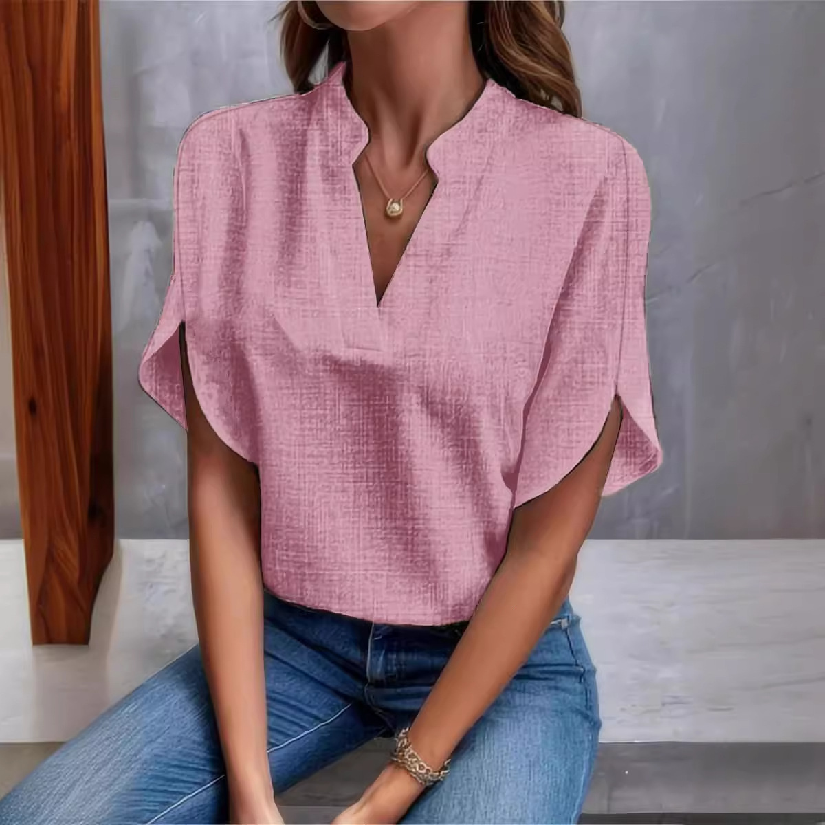 Womens 2024 summer solid color V-neck off shoulder loose linen shirt top for women