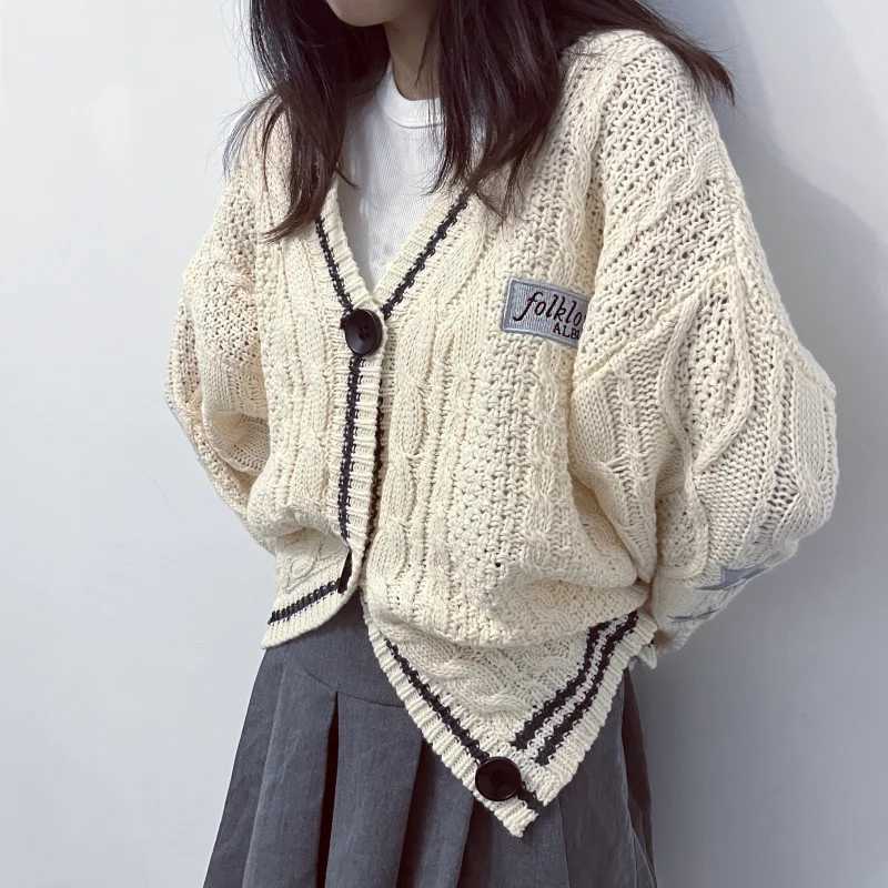 Beige Folklore Cardigan Women Letter Patch with Star Embroidered Knitted Sweater Female Winter Autumn Casual Oversized CardigansT251125