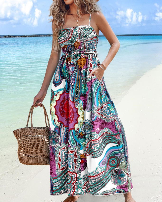 2025 new summer simple and fashionable suspender strapless printed womens dress for women