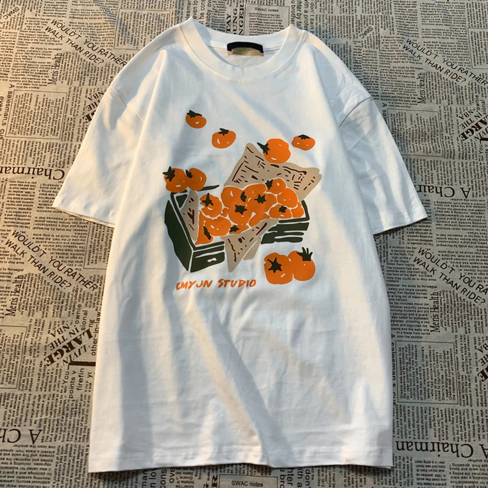 Original Box of Orange American Retro Fun Print Mens and Womens Loose Versatile BF Pure Cotton Couple Short sleeved Tshirt 250417