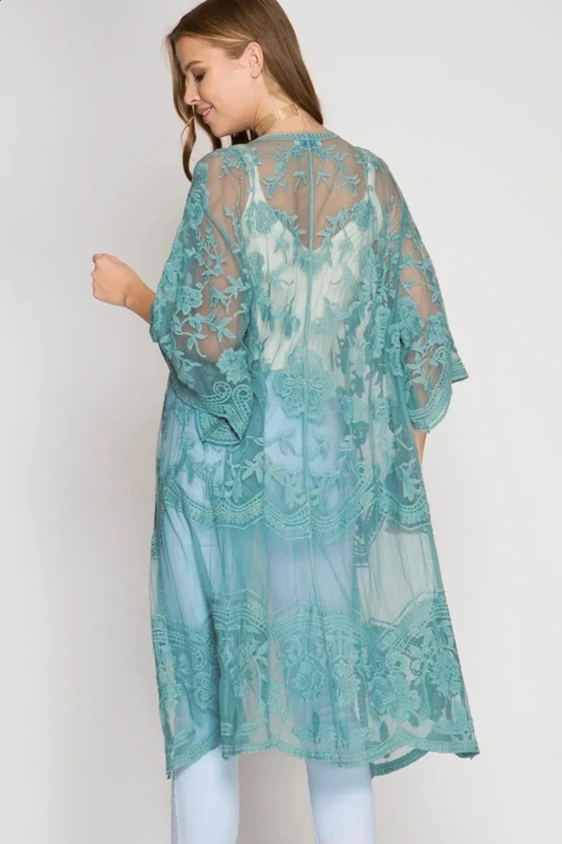 Womens loose swimsuit kimono open collar lace crochet floral top 250422