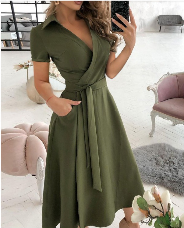 2021 Spring/Summer Fashion V-neck Printed Bag Hip Short sleeved Dress for Women
