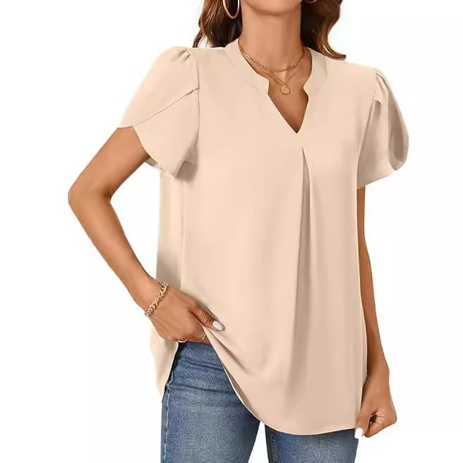 2024 summer simple and fashionable V-neck petal sleeve shirt for women