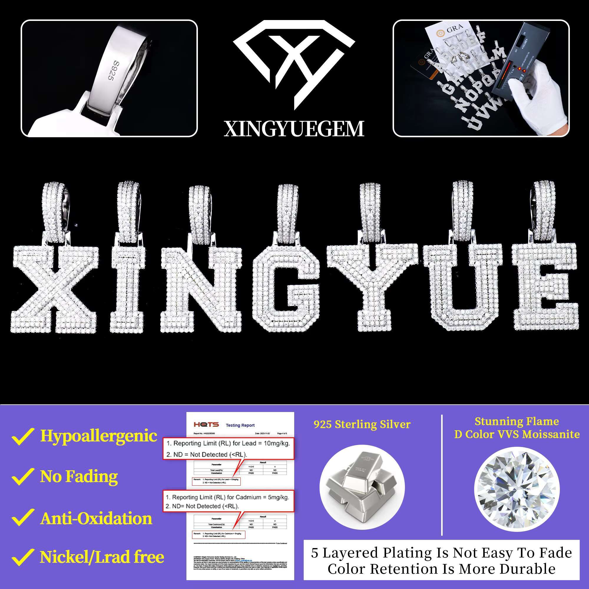 Wholesale Men Jewelry Initial Chain Necklace 925 Silver Iced Out D Vvs Mossanite Moissanite Diamond Pendant A-Z Letters Charms