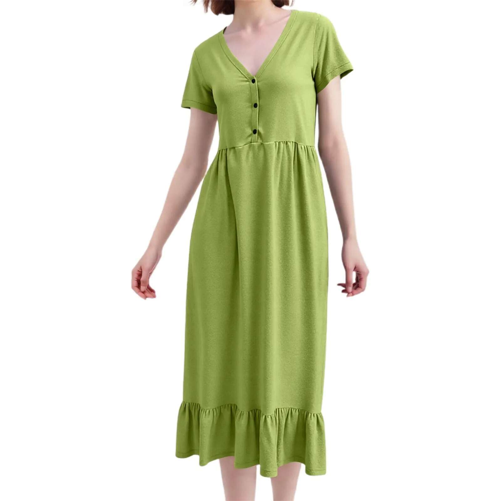 Dongdumaoyi Summer Dresses Solid Short Sleeve Midi For Women Cotton Linen Patchwork Pleated Button Ruffles Casual Holiday Dress