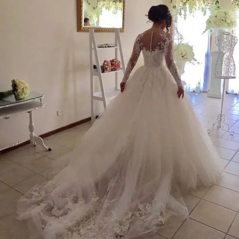 Exquite Lace Appliques Long Sleeves A Line Wedding Dresses Beaded Princess Bridal Gowns Chapel Train Ivory Tulle Bride Formal Wear 2025 Spring Summer