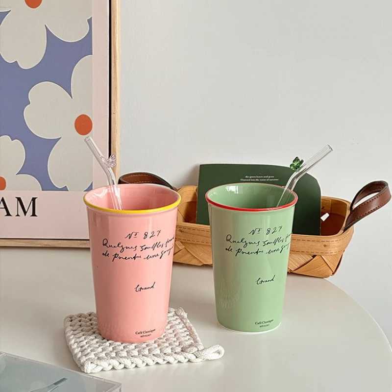 French Ceramic Coffee Mug 450ml Water Cup Vintage Paper Cup Letters Ceramic Hand Hold Tall Mug Coffee Cups Breakfast Juice Mugs Y251125