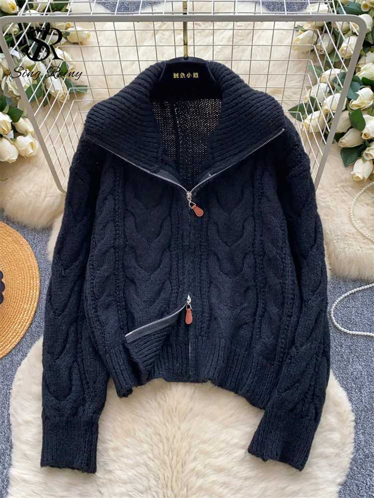 SINGREINY Women Vintage Thick Knitted Cardigan Lapel Full Sleeve Zipper Design Autumn Trend Tops Winter Twist Drill Lazy SweaterT251125