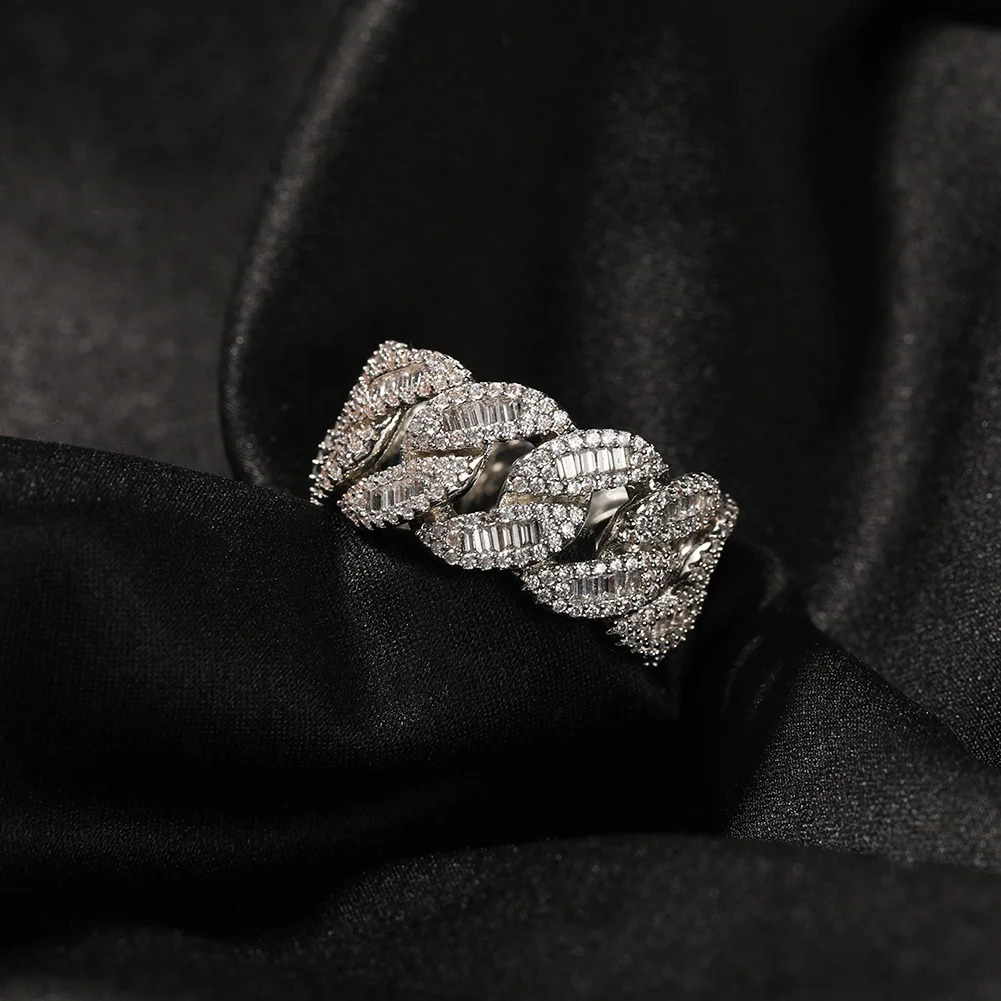 Uwin Cuban Link Rings Full Paved Out Cubic Zirconia Baguette Miami Engagement Ring HipHop Punk Jewelry For Men Women 250425