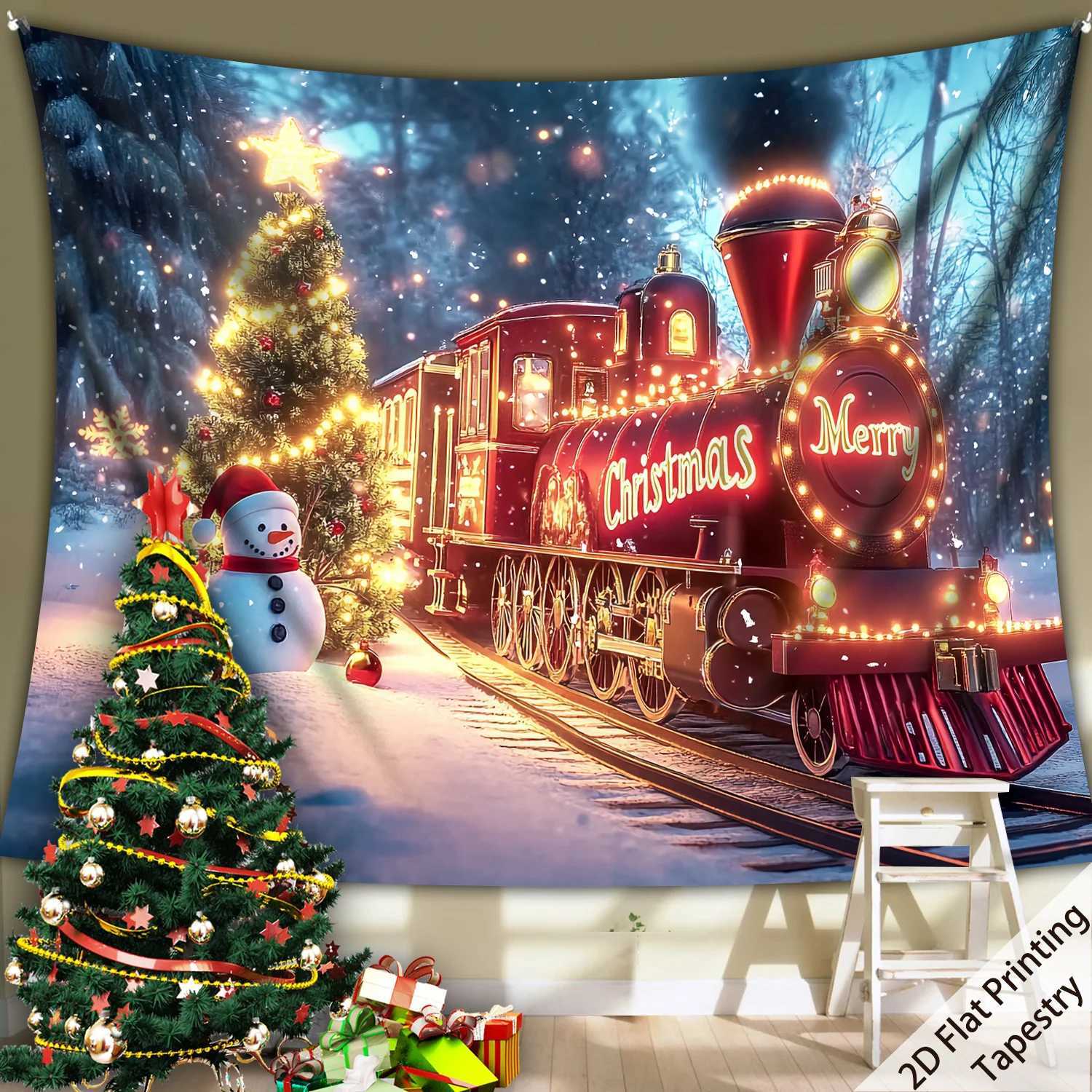VIKAMA Christmas Train Tapestry Living Room Entryway Feature Wall Hanging Holiday Party Home Room DecorM251125