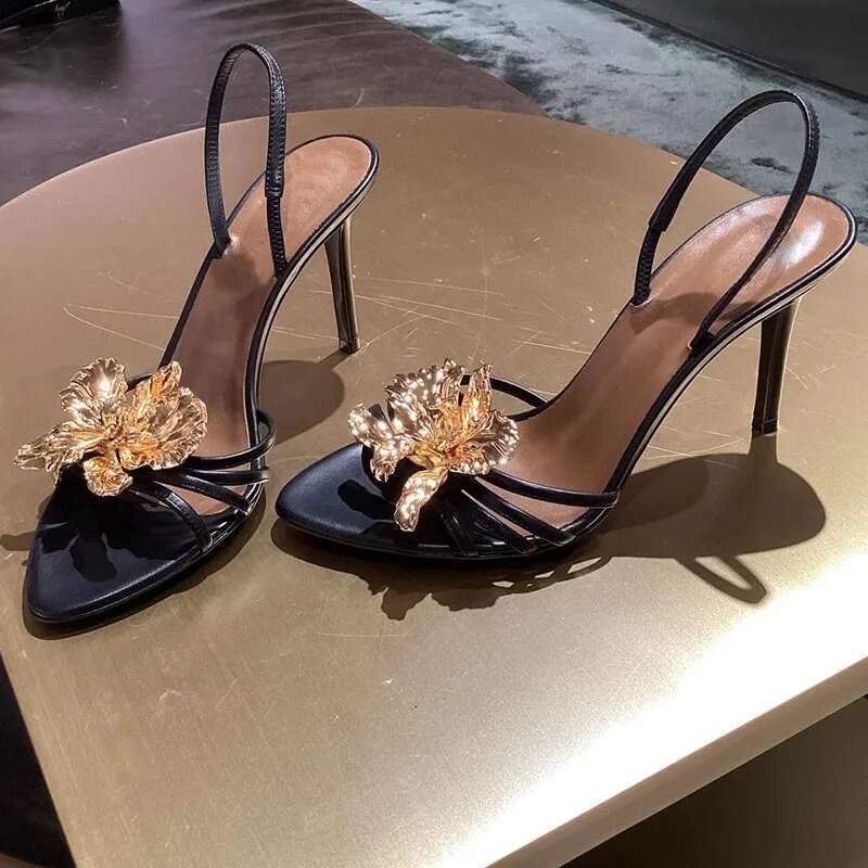 Summer new patent leather metal petals belt sexy pointed fashion slippers thin high-heeled dress large size women's sandals