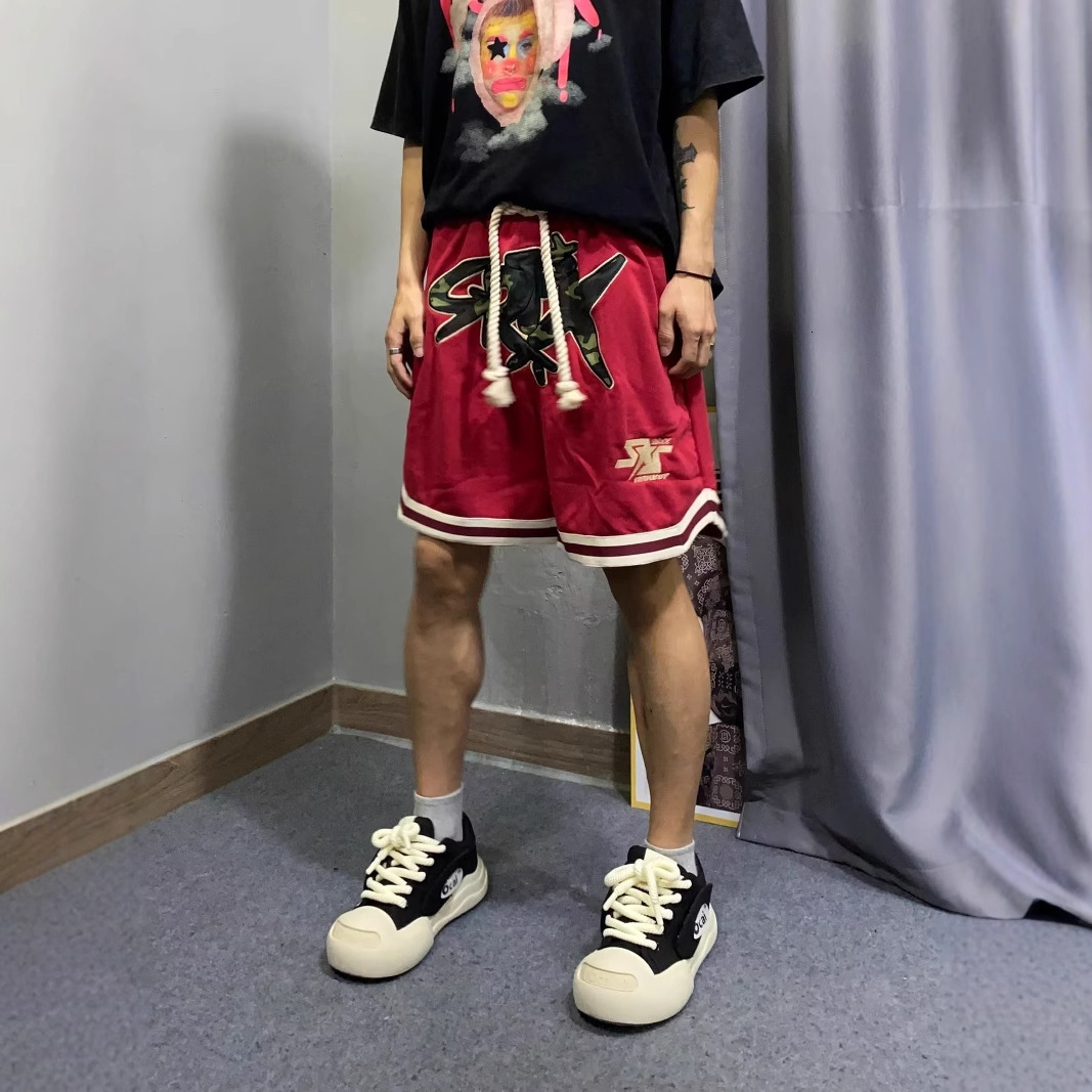 American embroidered sports shorts men's summer thin ins trendy high street five quarter casual wide leg basketball pants