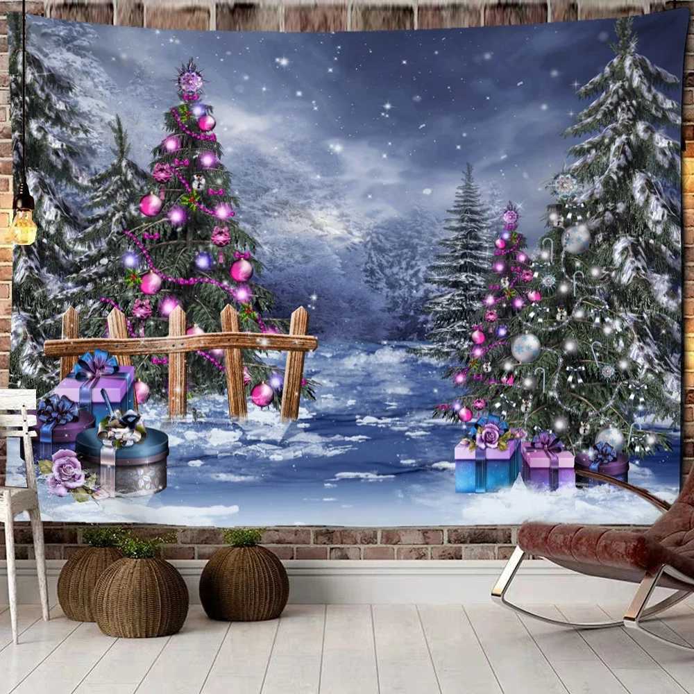 Christmas Woods Snow Scene Tapestry Wall Hanging New Year Gift Elk Bohemian Style Bed Curtain Dormitory Home DecorM251125