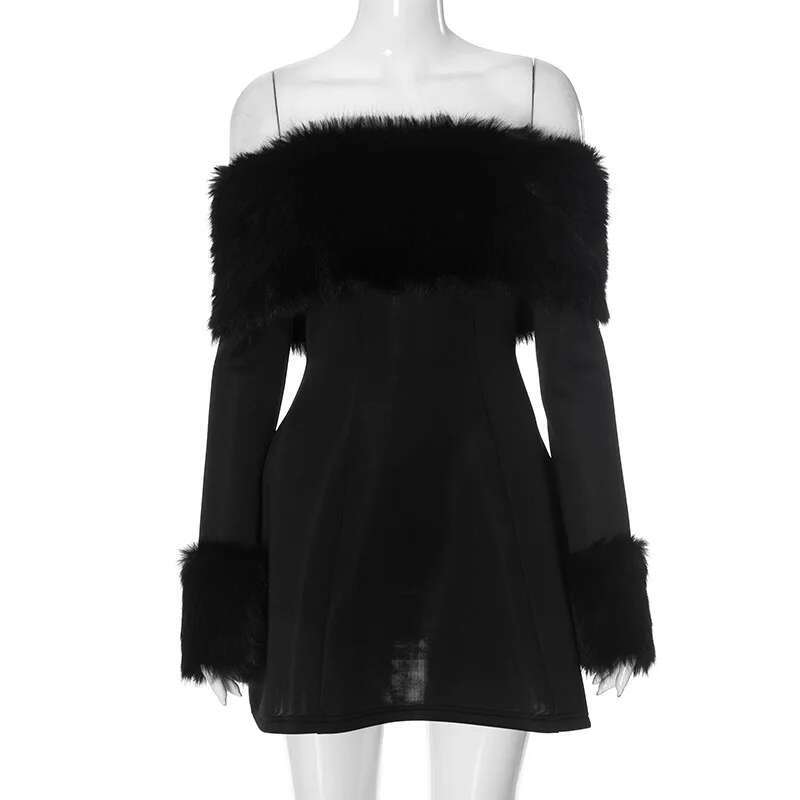 Dongdumaoyi Townlike Waist Wrap A Line Dress Women Off Shoulder Mini Autumn Winter Backless Fur Collar Sexy Party Dresses