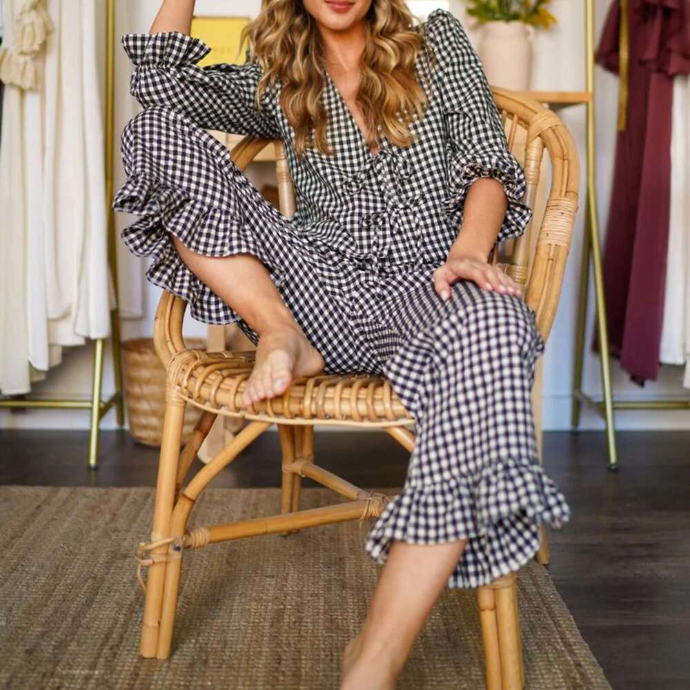 Combhasaki Women 2Piece Plaid Loungewear Outfits Ruffled Hem Set V-Neck Bow Tie-Up Front Loose Cropped Tops +Elastic Waist Pants