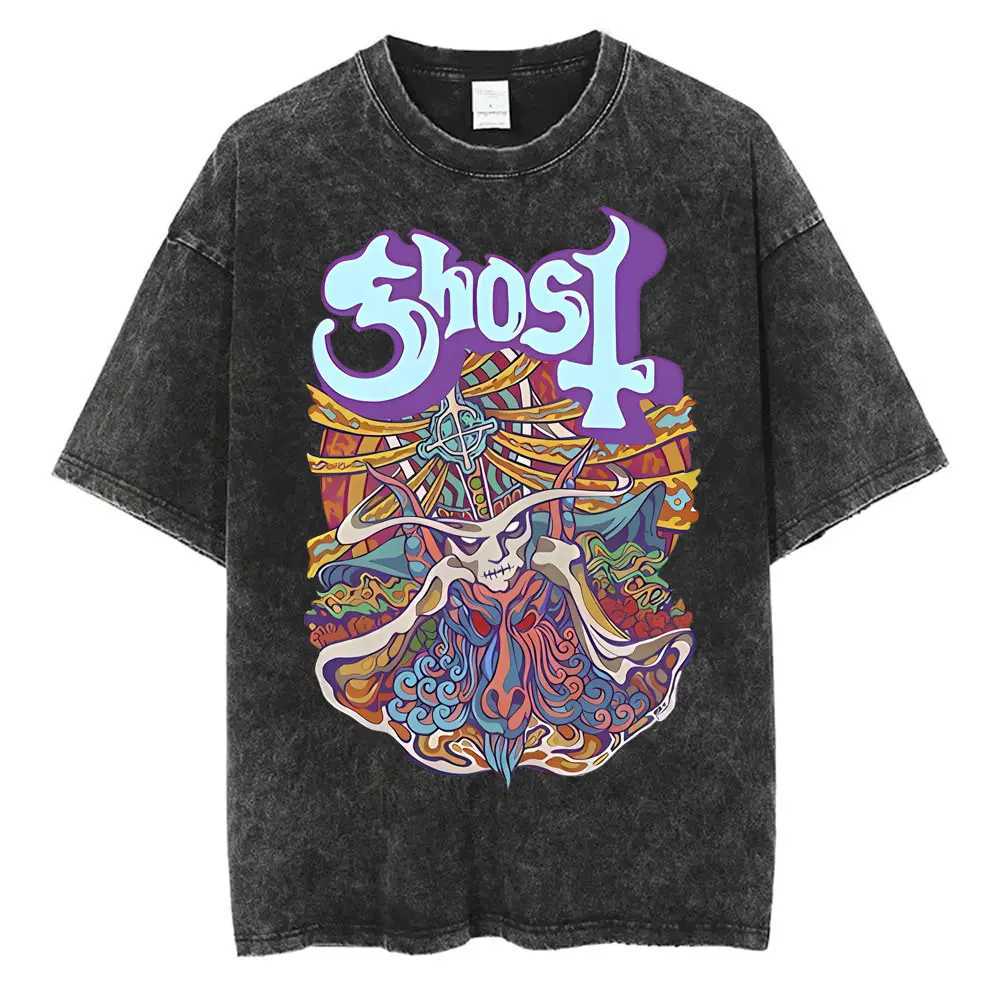 Washed Vintage Ghost Band T-shirt Mens Summer Oversized T-shirt Mens 90s Gothic Street Clothing Mens Rock Metal Music T-shirt W250425