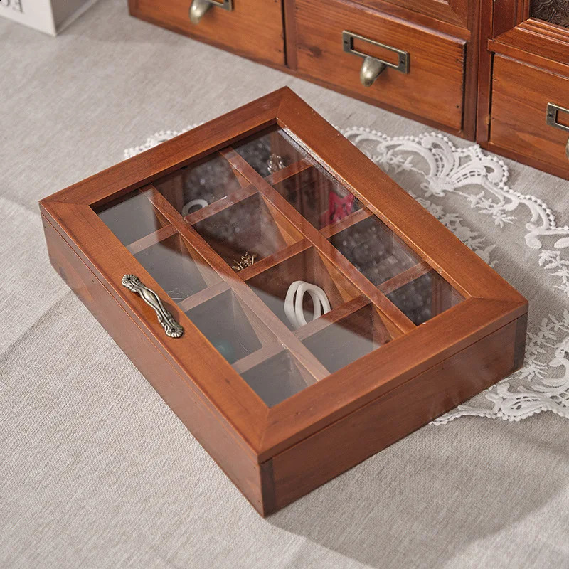 Vintage solid wood jewelry box Desktop storage box Wooden jewelry box play lattice storage box lattice glass cover wooden box 250424