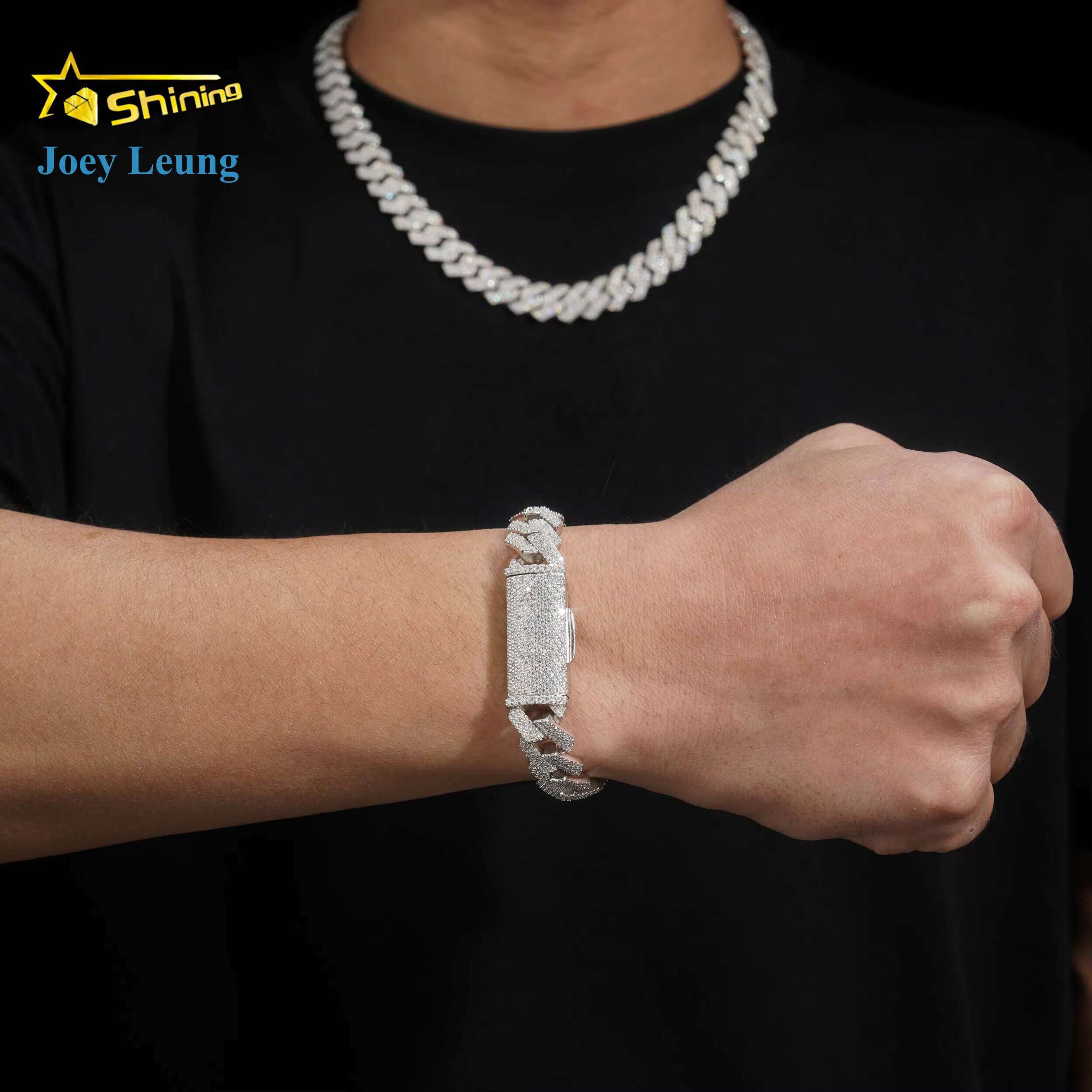 Hip Hop Style 13mm Width 3 Rows Cuban Necklace 925 Silver Iced Out Diamond Bracelet Vvs Moissanite Cuban Link Chain