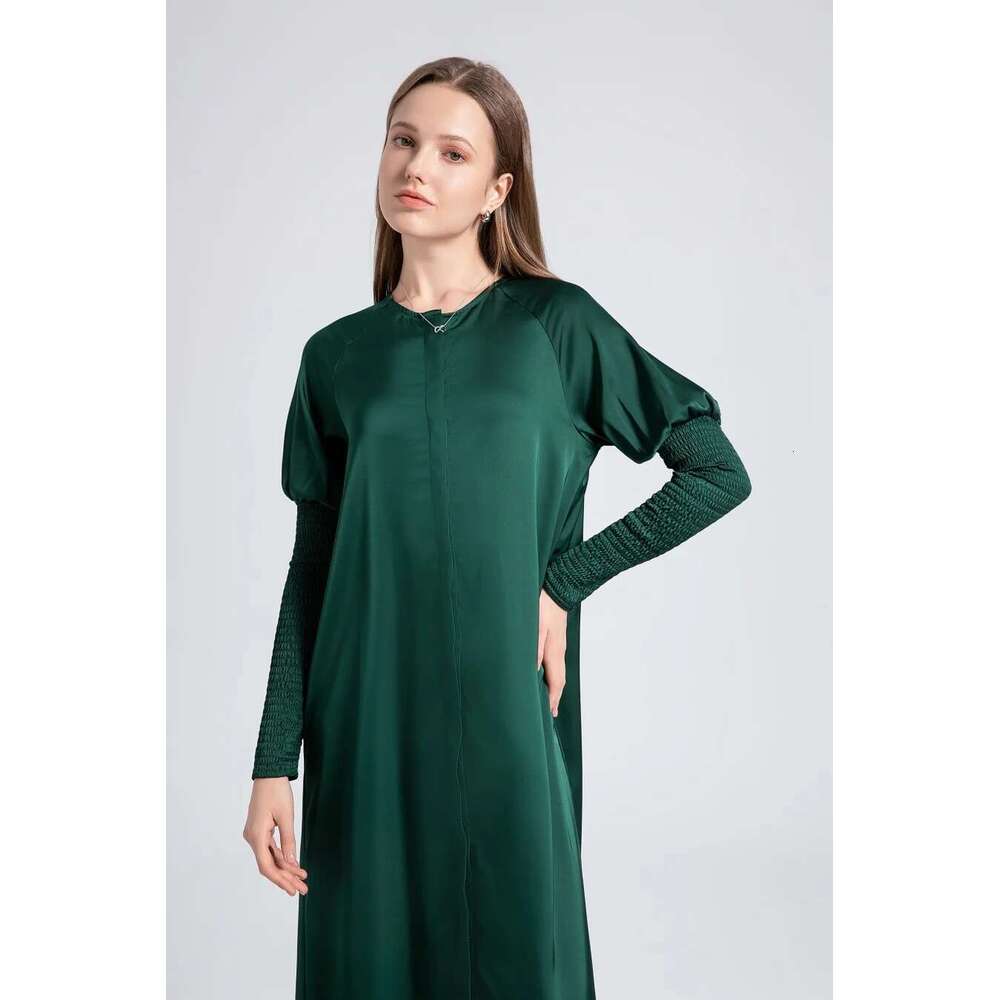 AS 2024 Woman Clothing Satin Button Down Design Smocking Sleeve Maxi Dress ( Ship Out In 1 Day)