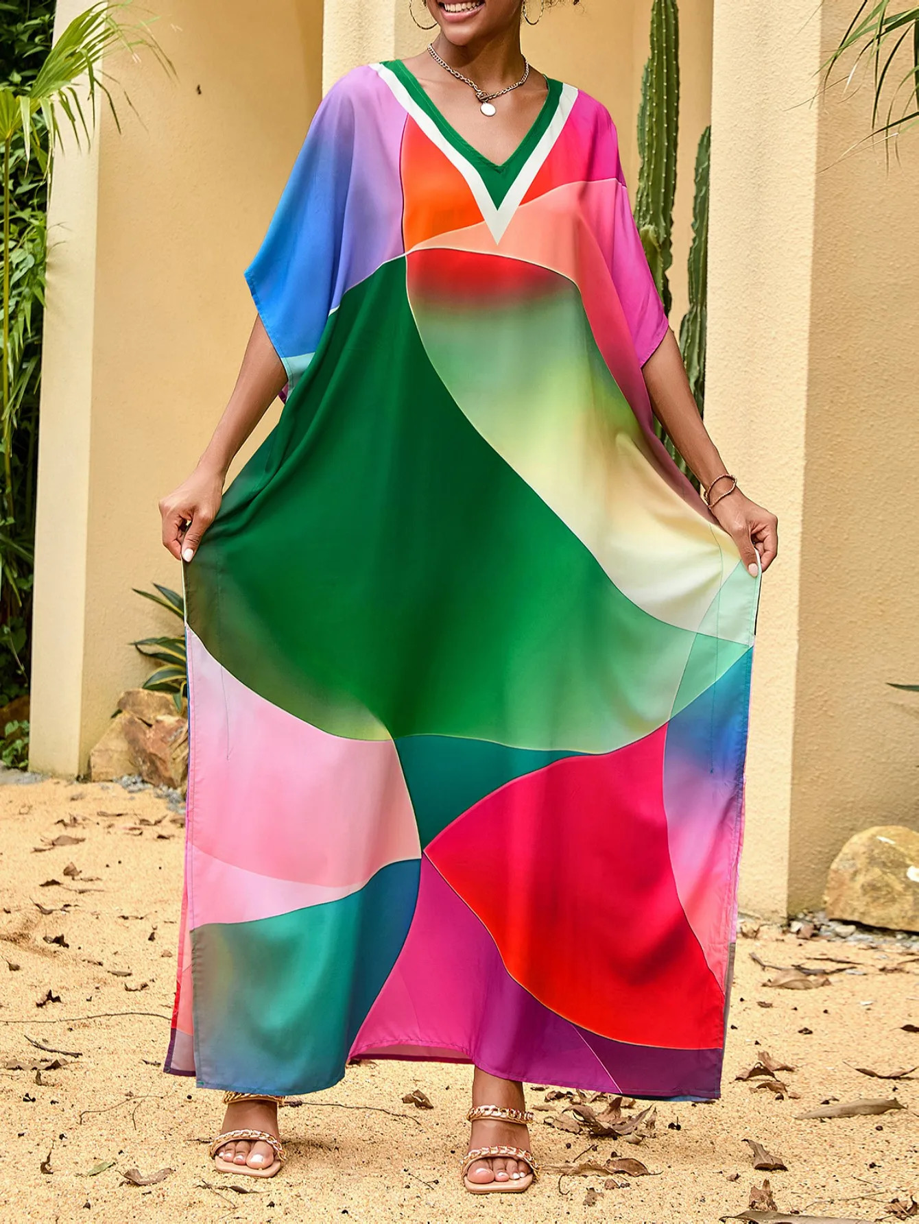 Bohemian beach style geometric pattern full body print Vneck side seam vacation dress and cover 250422