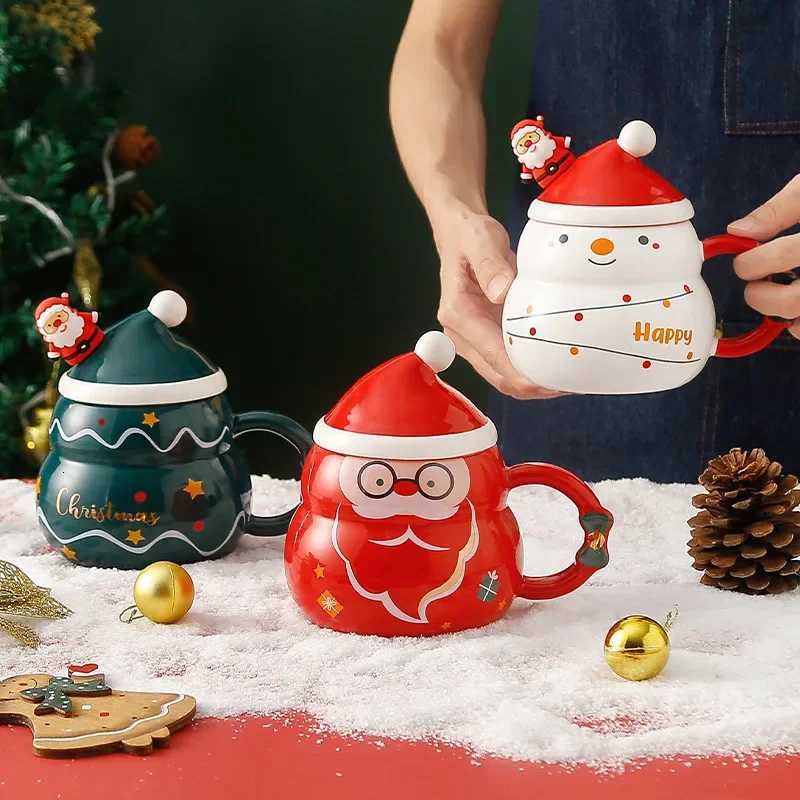 New IdealChristmas Gift New Year Gifts Creative Ceramic cups with LIDS Spoons Cute Mug with Snowman Santa Claus Shape Water Cup Y251125