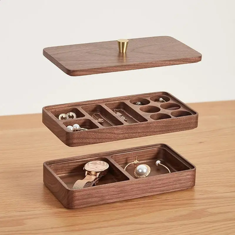 Black walnut wooden jewelry box storage box Delicate earrings stud necklace high-grade double-layer dust-proof anti-oxidation 250424