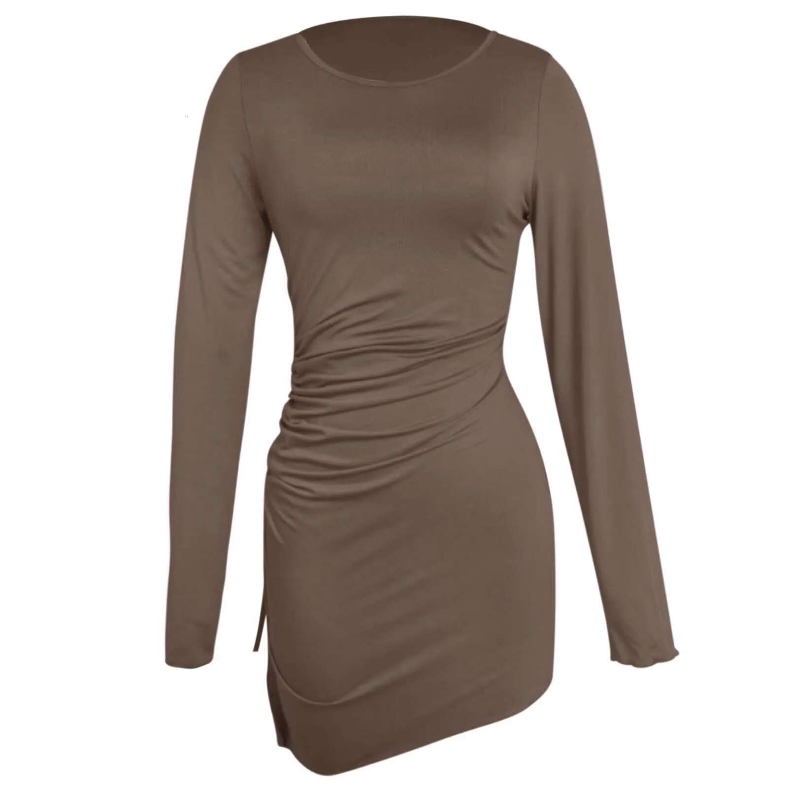 Dongdumaoyi New Women S Sexy Slim Fit Dresses Solid Color Hip Skirt Long Sleeve Round Neck Drawstring Dress Summer Ruffle