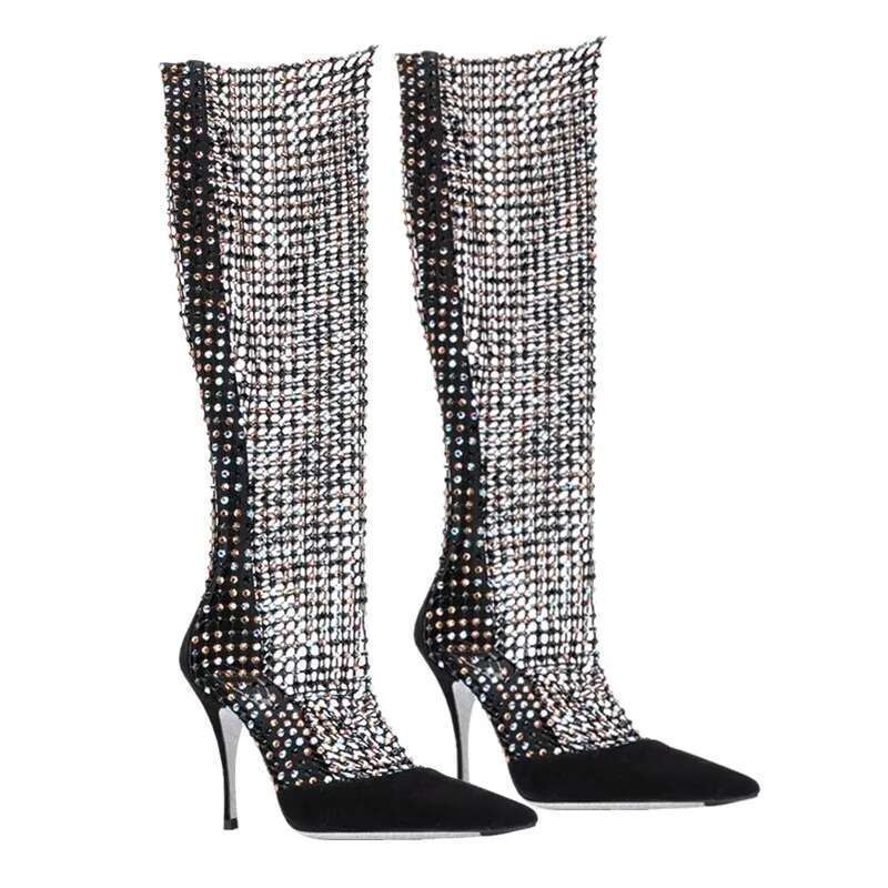 Spring and summer new rhinestone mesh hollow pointed fish mouth open toe sexy sandals sthigh-heeled banquet dress women's sandal