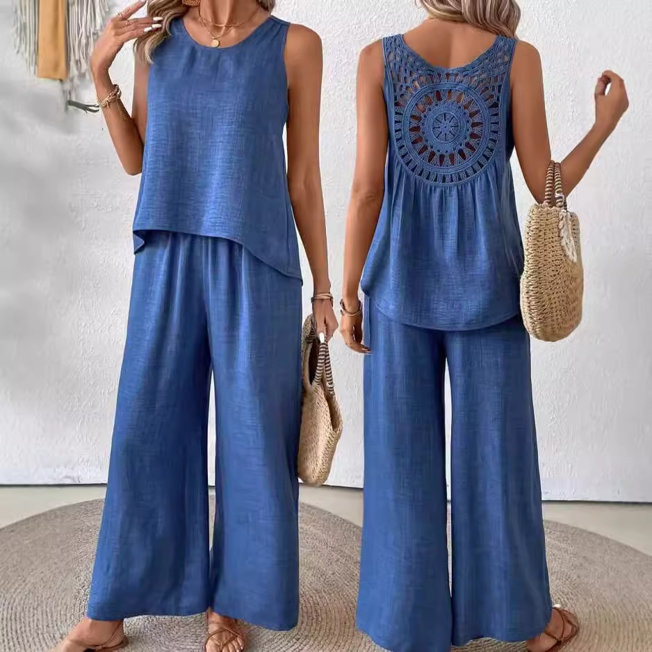 2024 New Summer Sleeveless Solid Color Back Hollow Lace Set for Women